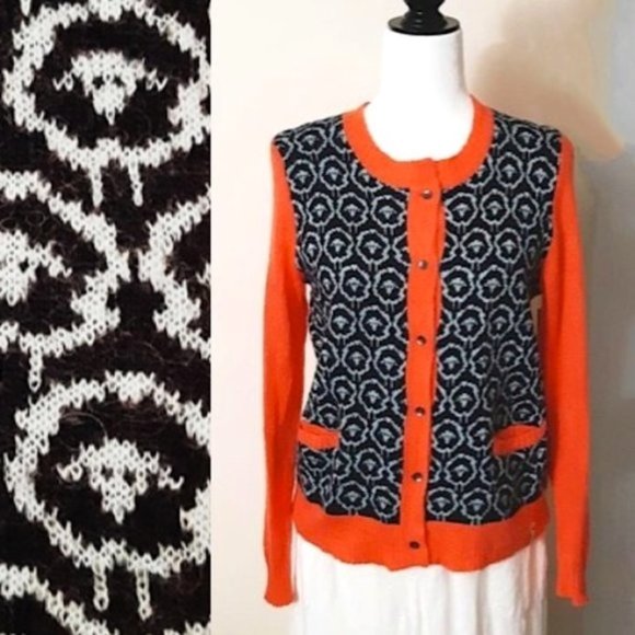 WOOLRICH Wool Mohair Sheep Motif Cardigan Orange Black - Picture 1 of 12